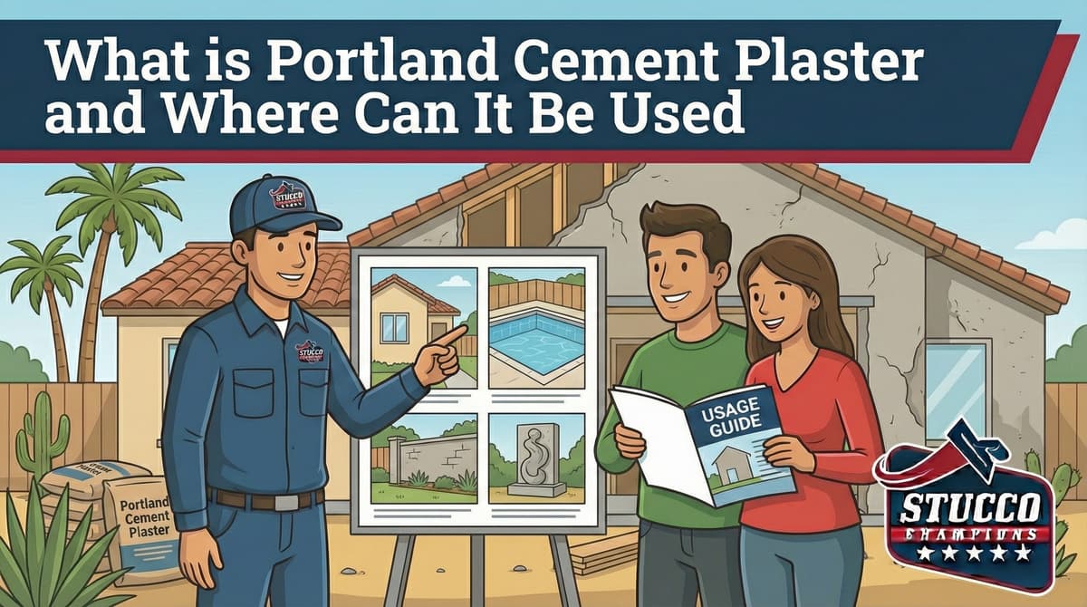 A professional technical infographic from Stucco Champions titled "What is Portland Cement Plaster and Where Can It Be Used," showing a contractor pointing to a display board featuring applications like home exteriors, swimming pools, retaining walls, and sculptures for a couple holding a "Usage Guide".