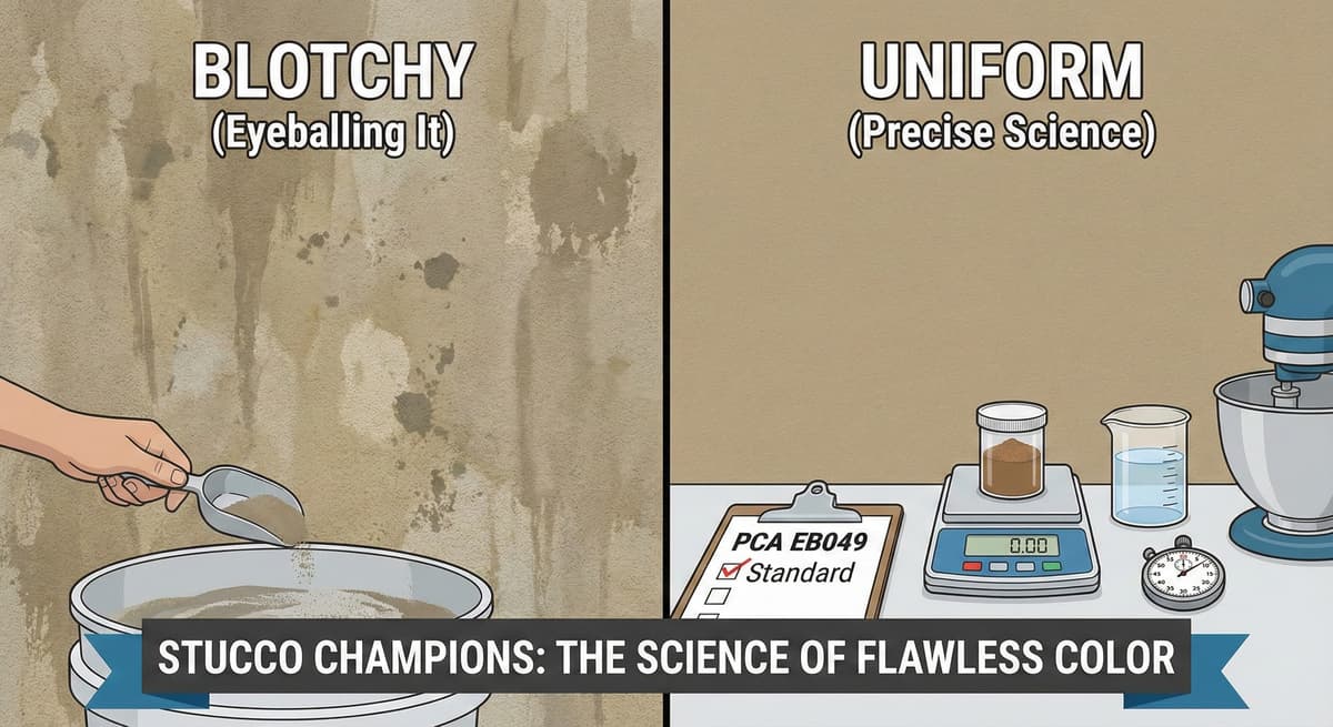 Comparison of blotchy uneven stucco color caused by poor mixing versus uniform integral color achieved with precise weighing and timing.