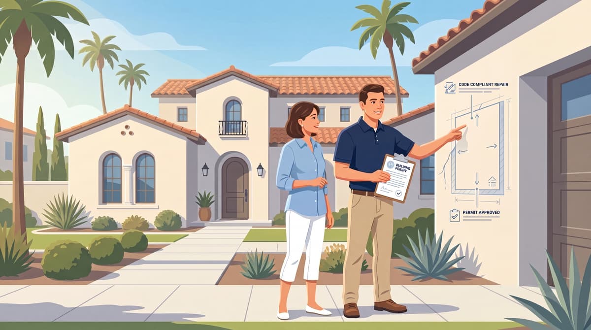 Stucco Champions contractor discussing a stucco repair permit with a homeowner in Southern California.