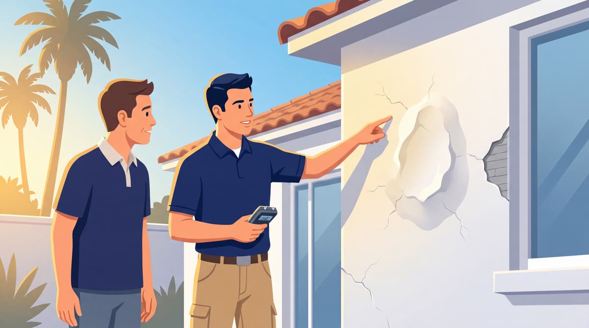 Stucco inspector showing a homeowner bulging and cracked stucco on a Southern California home