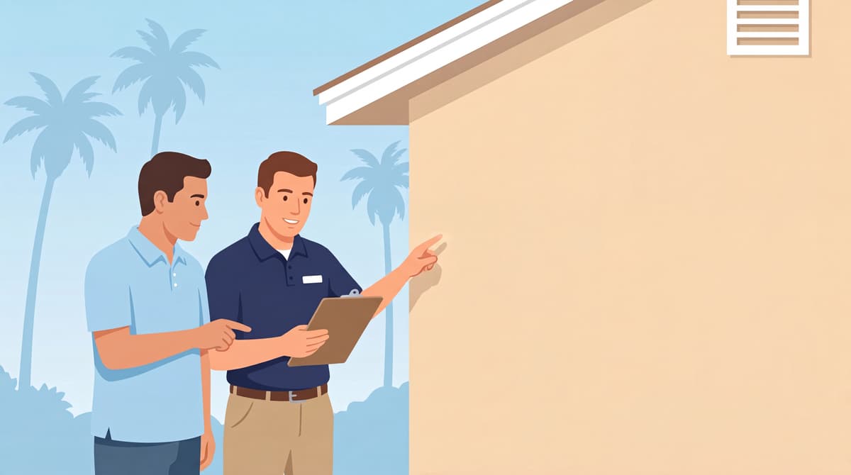 Stucco contractor inspecting exterior plaster and stucco repair areas with cracks, texture matching, and moisture warning signs.