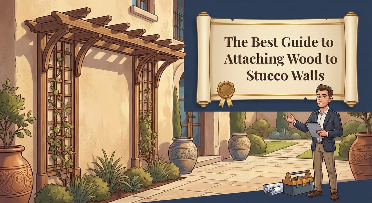 Wood pergola attached to stucco wall showing proper installation methods and flashing for water drainage