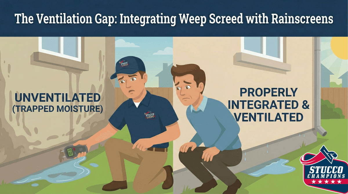 Cartoon illustration of Stucco Champions inspecting trapped moisture for stucco repair in Southern California.