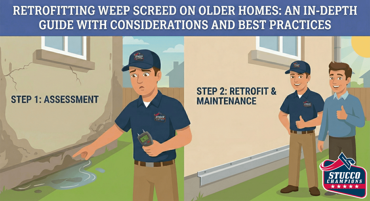 Stucco Champions worker retrofitting a weep screed for stucco repair on a Southern California home.