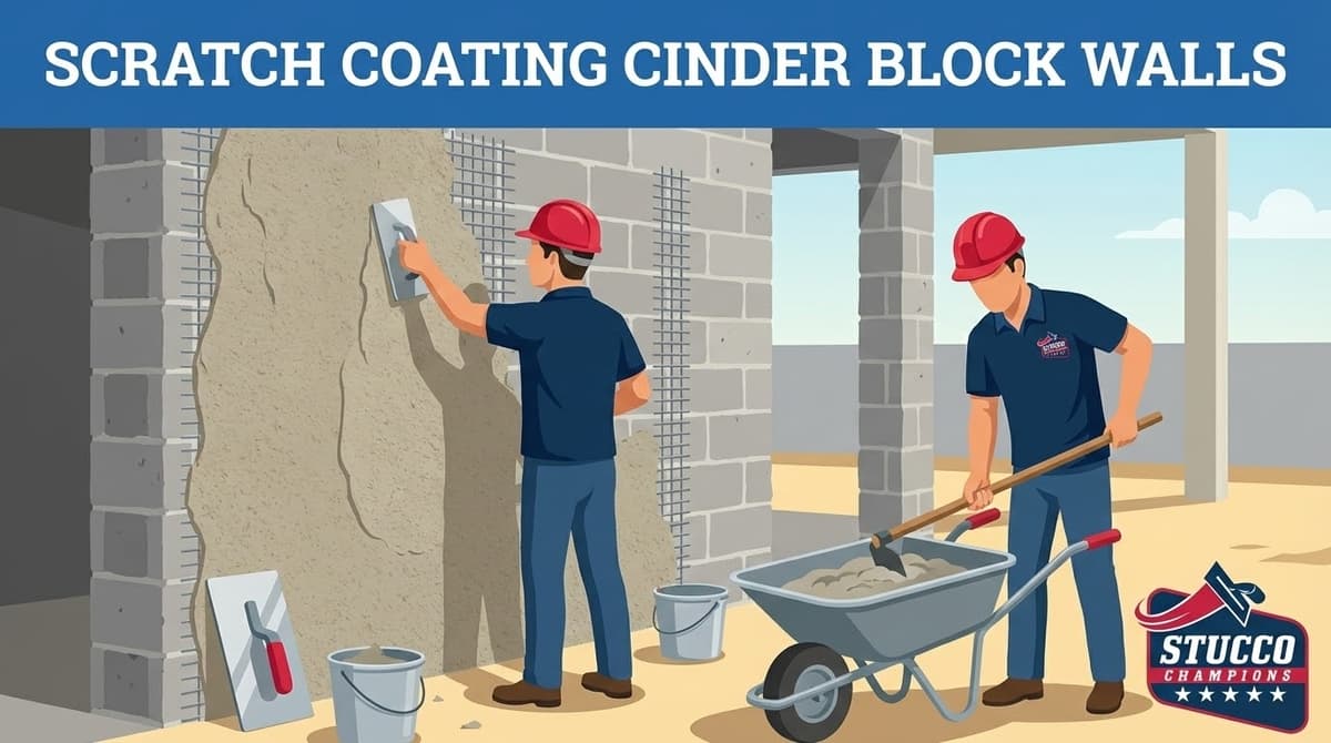 A professional technical infographic from Stucco Champions titled "Scratch Coating Cinder Block Walls," showing one contractor using a hand trowel to apply a base coat over wire lath on a concrete block wall while another contractor mixes fresh stucco in a wheelbarrow.