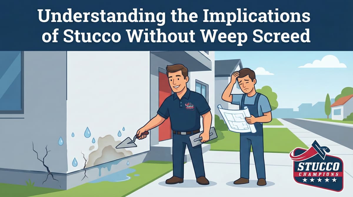 A professional technical infographic from Stucco Champions titled "Understanding the Implications of Stucco Without Weep Screed," showing a confident contractor pointing to a moisture-damaged wall with water droplets and a hole, while a second technician looks distressed while holding a blueprint.