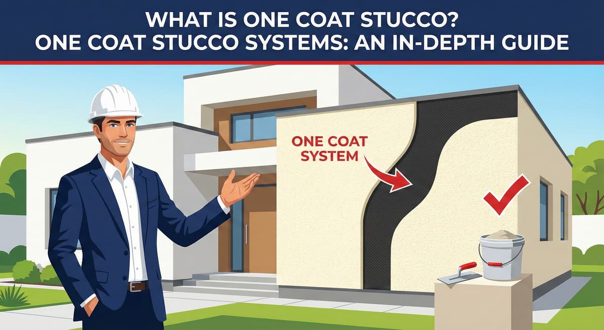 Stucco Champions expert pointing to a whiteboard display of essential stucco tools including trowel, hawk, float, mixer, brush, and bucket.