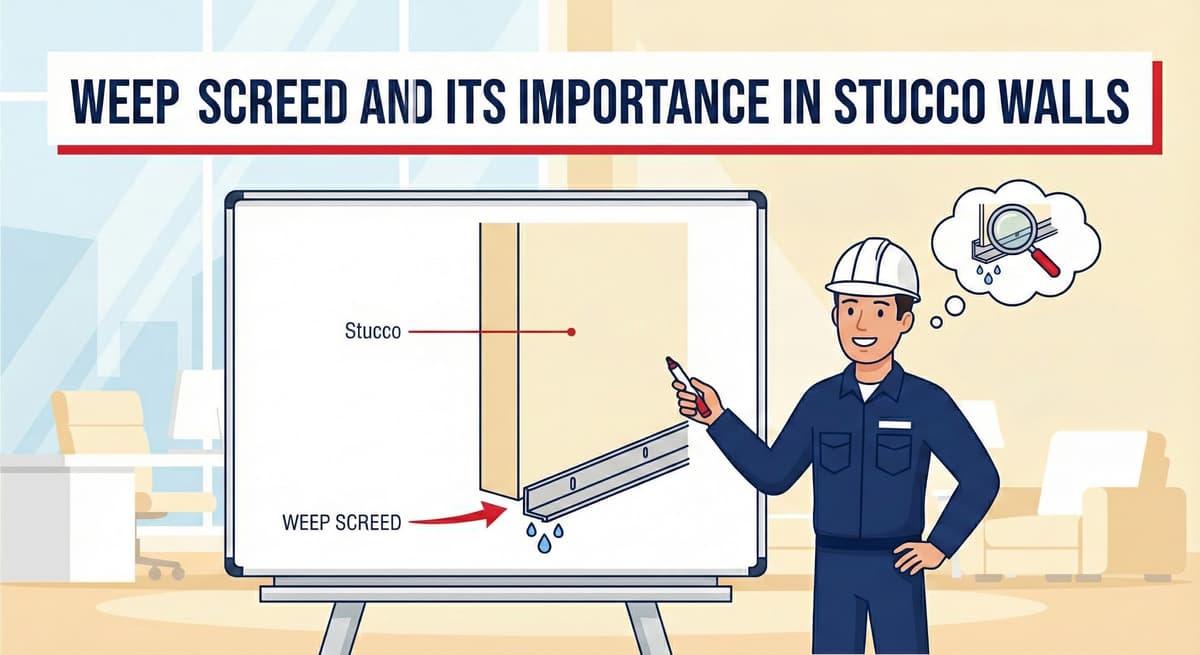 Stucco Champions contractor pointing to a cross-section diagram of a one coat stucco wall system.