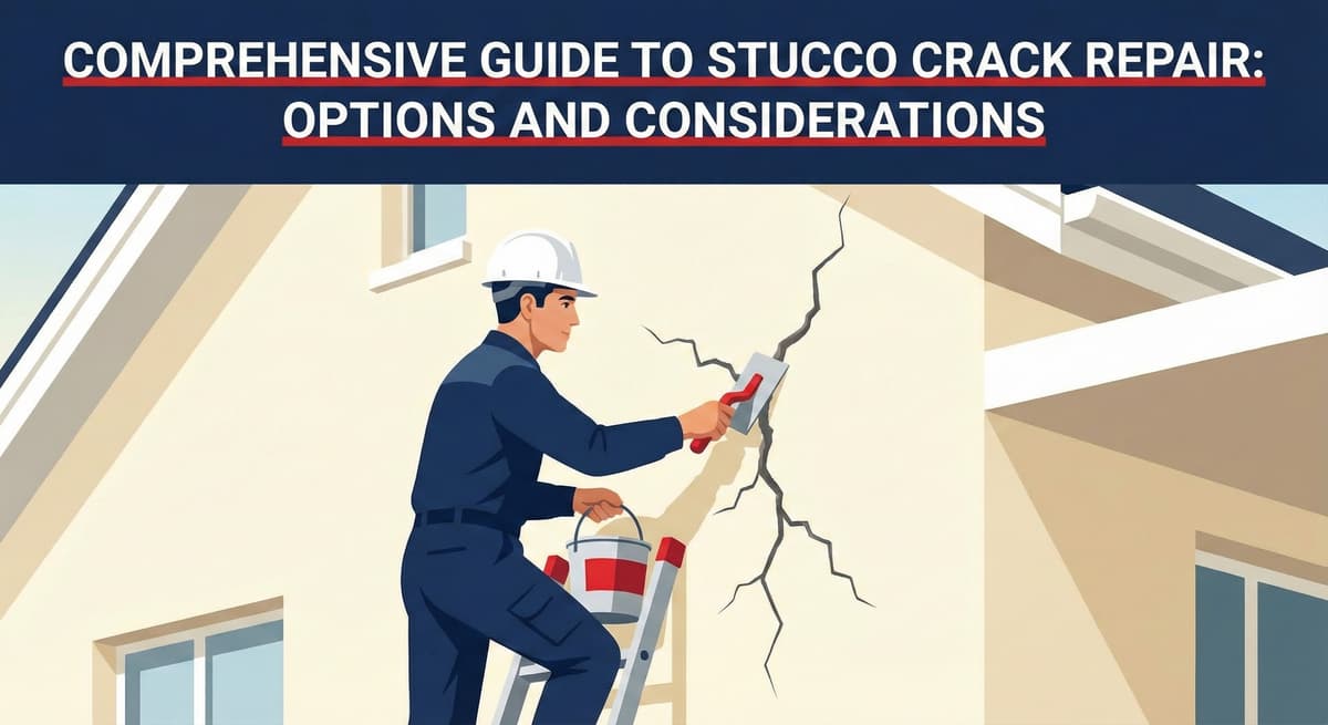 Stucco Champions contractor analyzing a large diagonal structural crack on a stucco exterior to determine repair options.