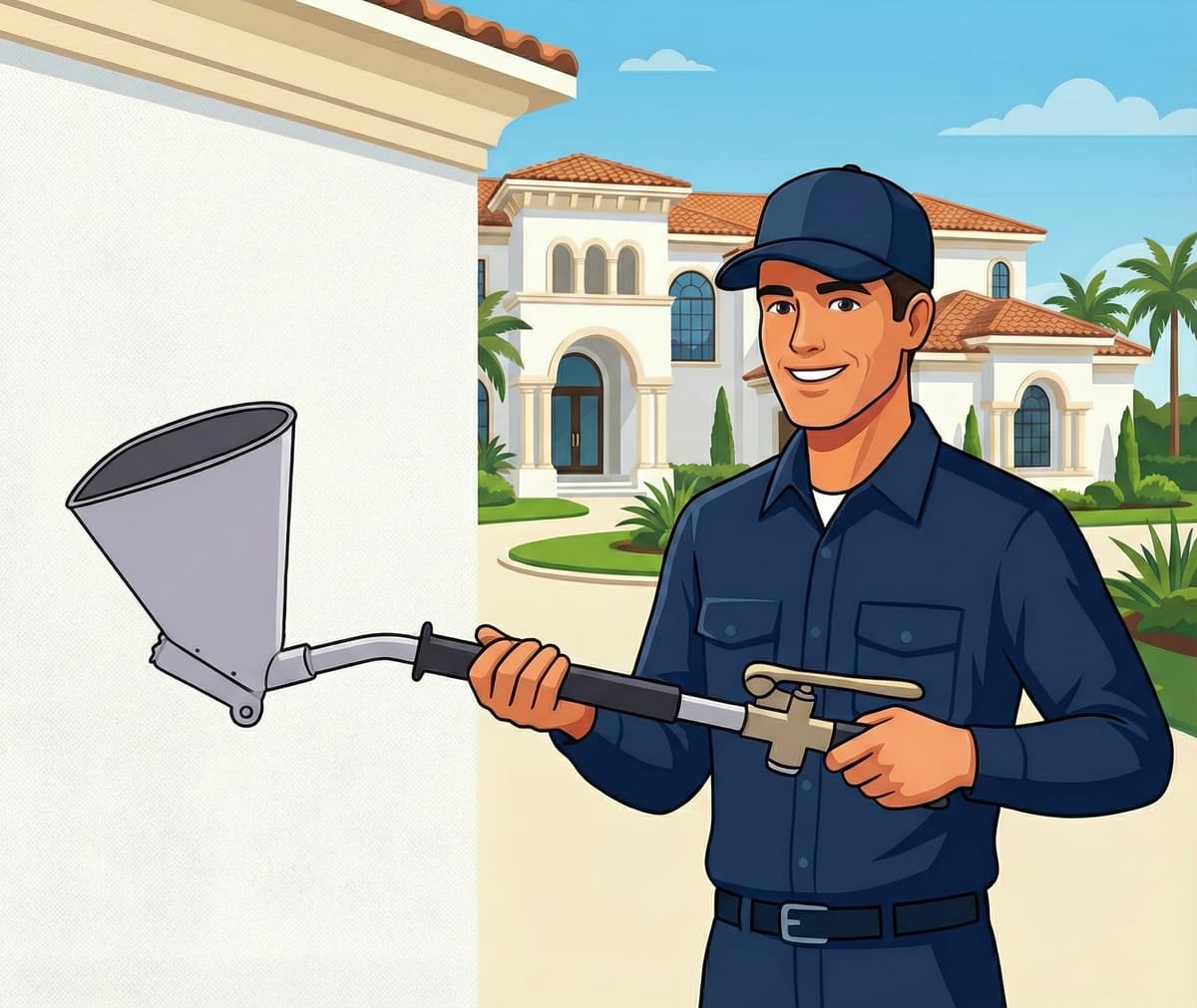 Professional stucco spray application showing hopper gun technique for scratch and brown coat installation over proper drainage systems