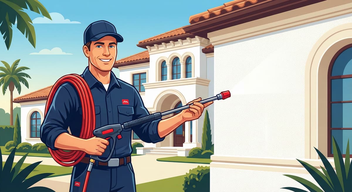 Professional pressure washing stucco exterior showing proper cleaning technique that protects weep screed drainage and finish coat integrity