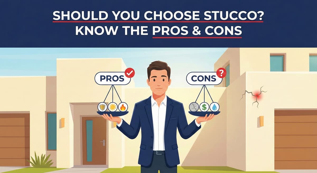 Stucco Champions infographic comparing stucco pros like fire resistance against cons like potential cracking and cost.