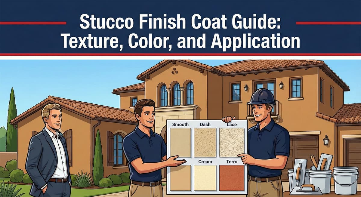 Stucco finish coat guide showing texture options color choices and application methods over proper drainage systems