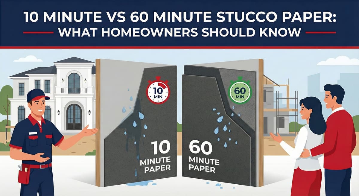 10 minute vs 60 minute stucco paper comparison showing weather resistive barrier options for proper weep screed drainage protection
