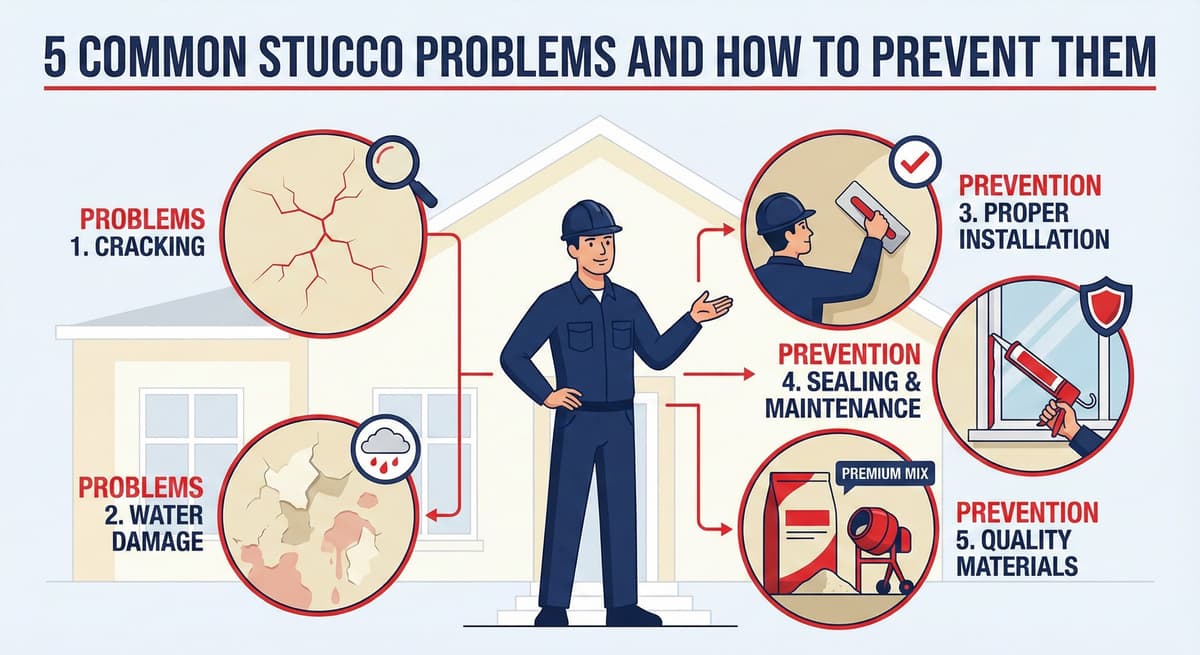 Stucco Champions infographic comparing warm earth-tone stucco versus cool modern white stucco to show the impact on curb appeal.