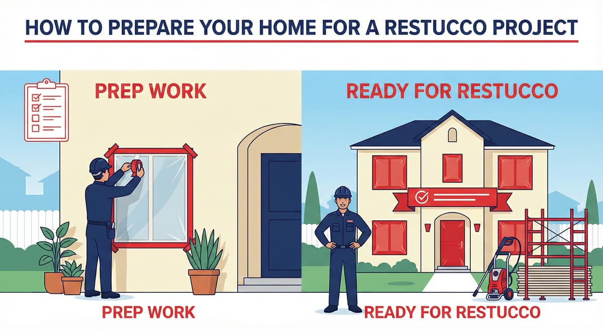 Stucco Champions infographic comparing warm earth-tone stucco versus cool modern white stucco to show the impact on curb appeal.