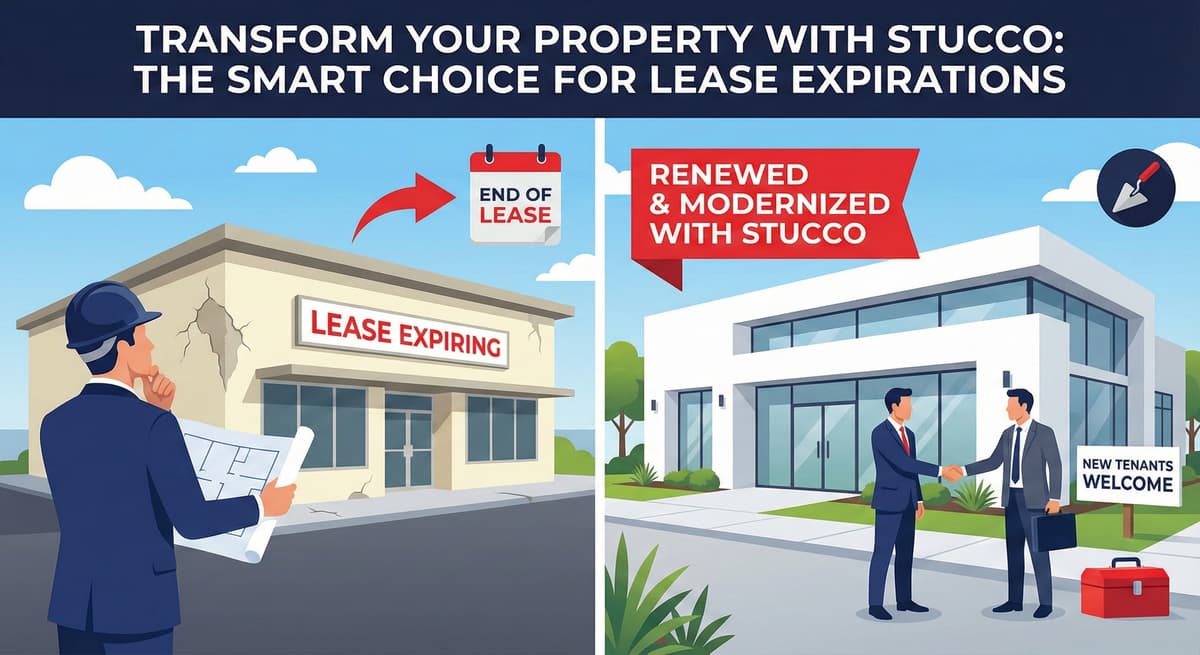 Stucco Champions infographic comparing warm earth-tone stucco versus cool modern white stucco to show the impact on curb appeal.