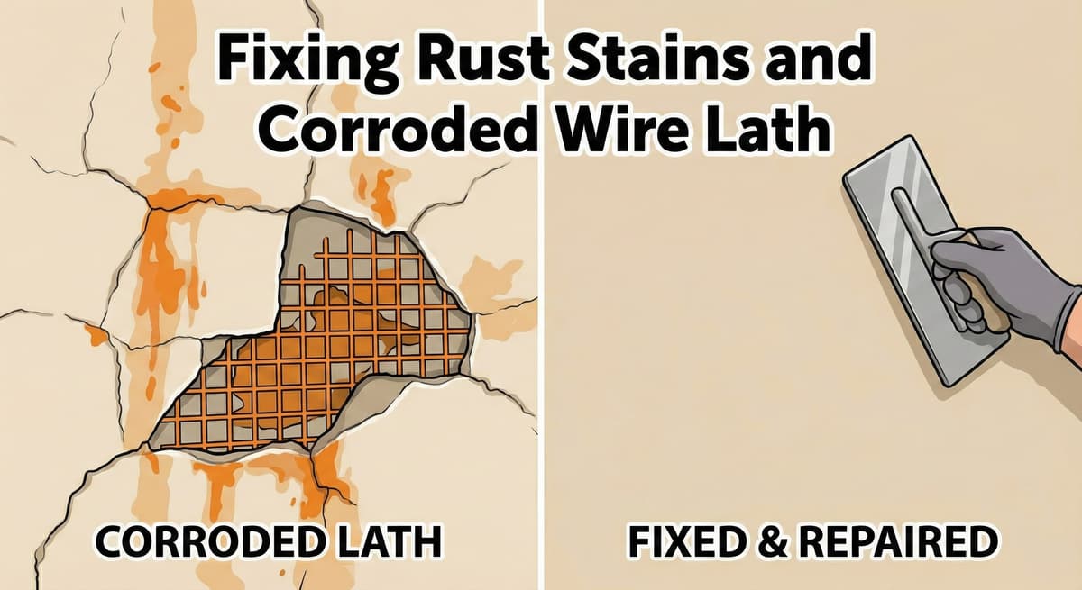 illustration showing a split screen comparison of cracked stucco with exposed rusty wire lath versus a smooth, professionally applied stucco patch repair.