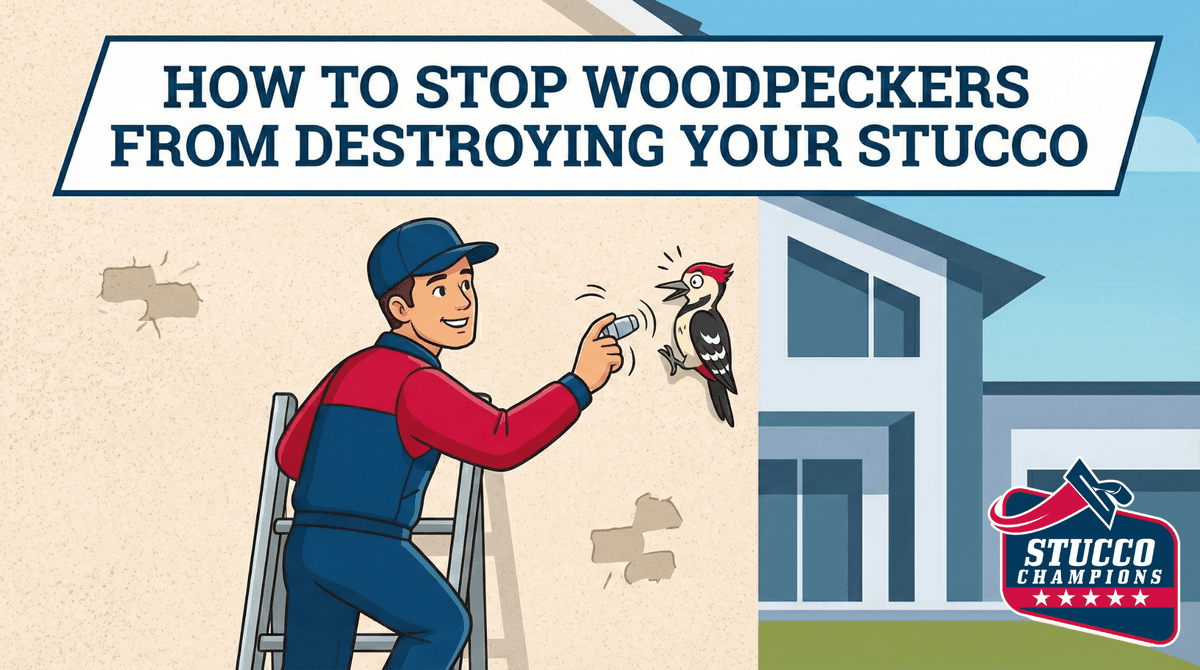 Cartoon illustration: Stucco Champions worker doing stucco repair on woodpecker damage at a Southern California home.