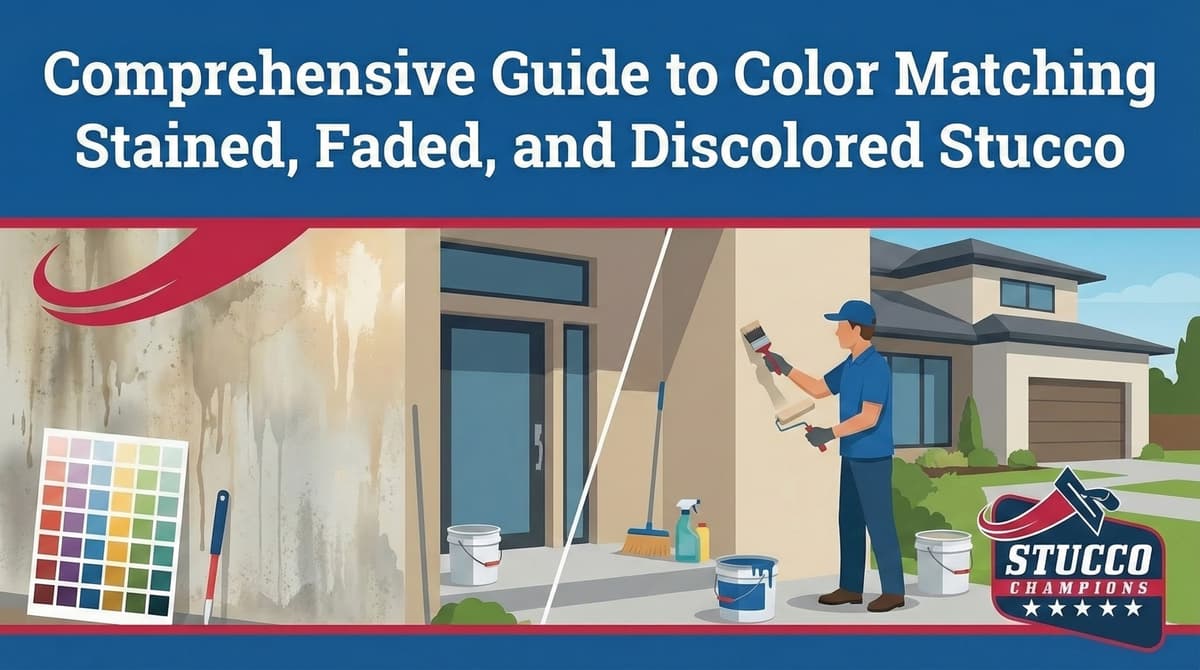 A professional visual guide from Stucco Champions titled "Comprehensive Guide to Color Matching Stained, Faded, and Discolored Stucco," showing a color swatch palette next to a stained wall and a contractor painting a perfectly matched finish on a modern home.