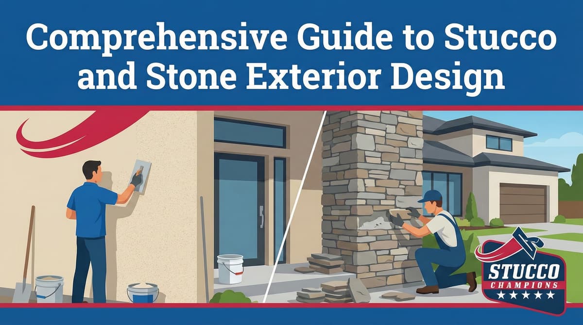 A professional guide by Stucco Champions comparing fog coating and painting stucco exterior finishes, presented on a whiteboard by a contractor in a white hard hat.