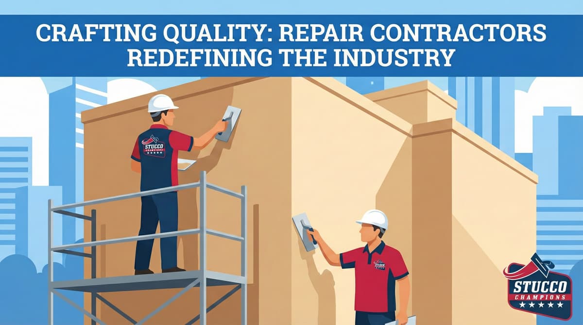 A professional technical infographic from Stucco Champions titled "Crafting Quality: Repair Contractors Redefining the Industry," showing two contractors in white hard hats and branded uniforms applying a smooth stucco finish to a modern tan building using hand trowels.