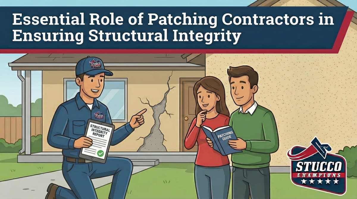 A professional technical infographic from Stucco Champions titled "Essential Role of Patching Contractors in Ensuring Structural Integrity," showing a contractor kneeling and presenting a "Structural Integrity Report" on a tablet to a couple in front of a house with a large wall crack.