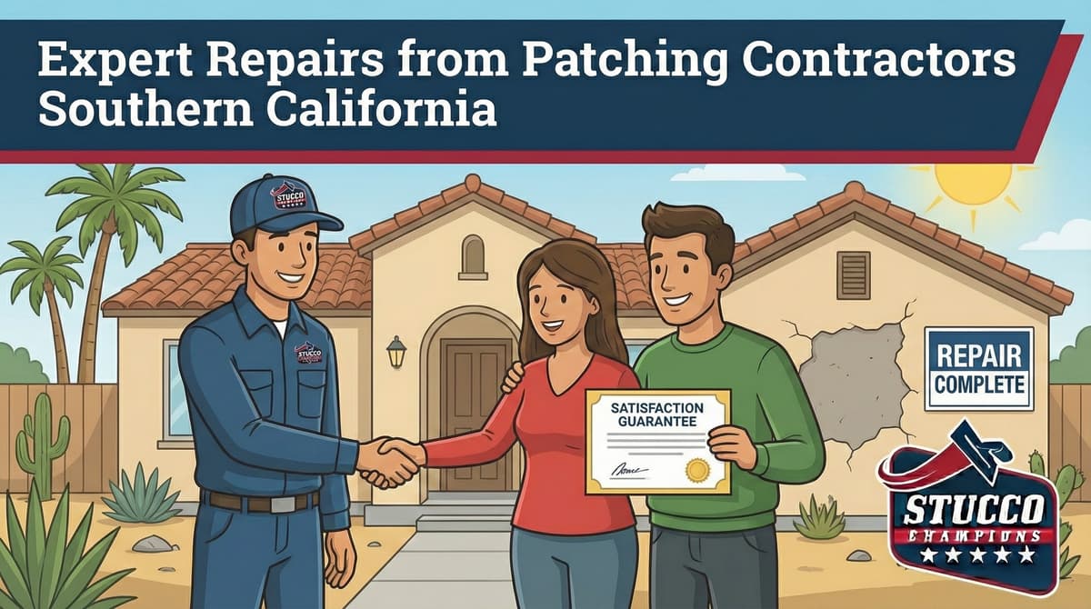 A professional technical infographic from Stucco Champions titled "Expert Repairs from Patching Contractors Southern California," showing a contractor shaking hands with a couple holding a "Satisfaction Guarantee" certificate in front of a Spanish-style home with a large wall crack.