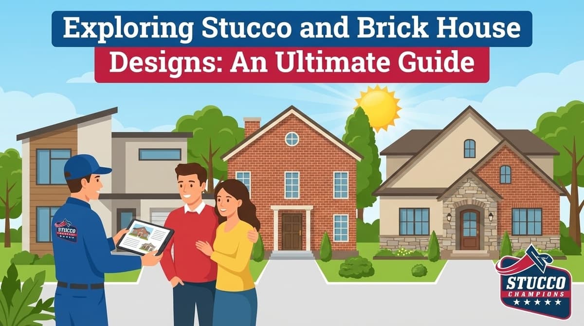 A professional visual guide from Stucco Champions titled "Exploring Stucco and Brick House Designs: An Ultimate Guide," showing a contractor presenting design options on a tablet to a couple in front of three different stucco and brick residential homes.