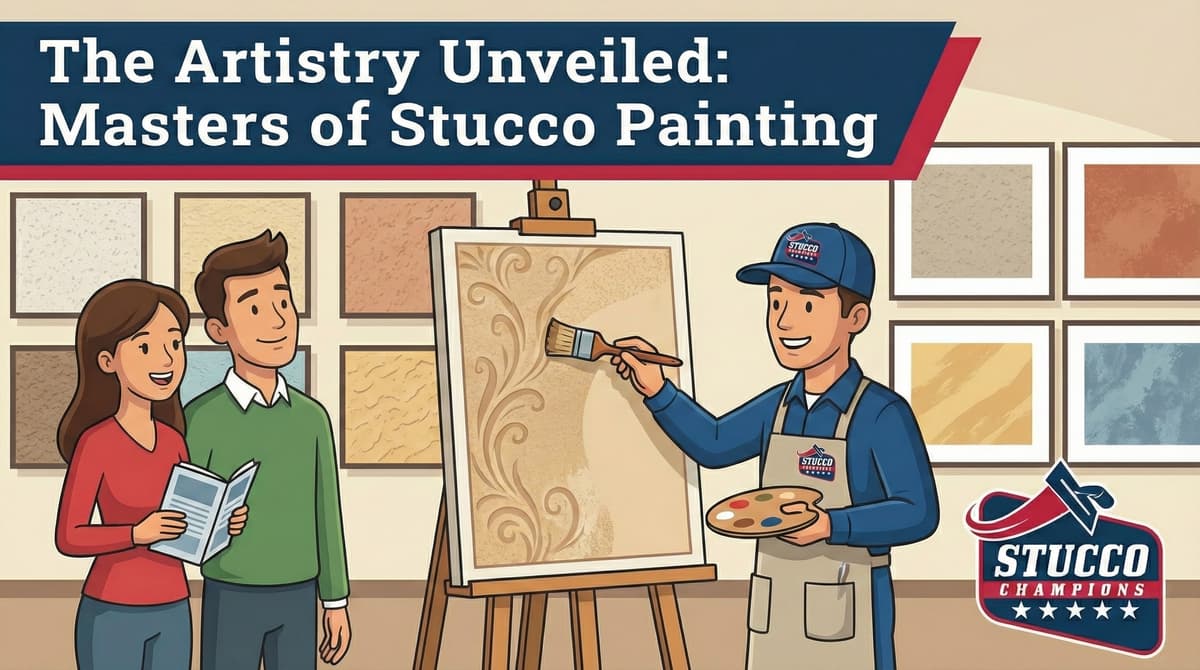 A creative visual guide from Stucco Champions titled "The Artistry Unveiled: Masters of Stucco Painting," showing a professional painter in an apron using an artist's palette and brush to create intricate scroll designs on a stucco canvas for an interested couple.