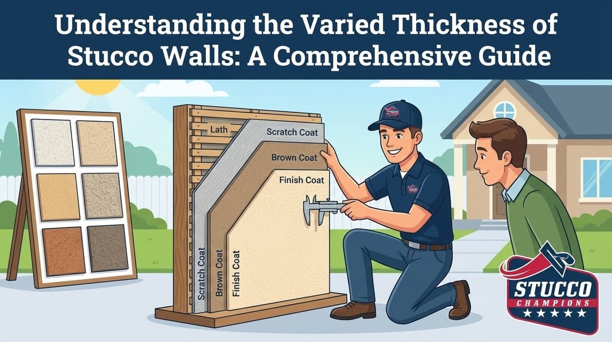 A professional technical infographic from Stucco Champions titled "Understanding the Varied Thickness of Stucco Walls: A Comprehensive Guide," showing a contractor using a caliper to measure a 3D wall model with labeled layers: Lath, Scratch Coat, Brown Coat, and Finish Coat.