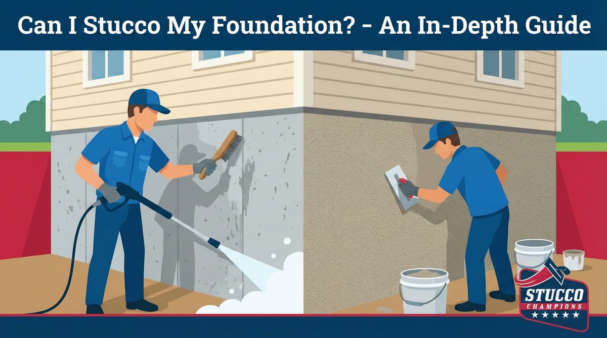 A professional educational guide from Stucco Champions titled "Can I Stucco My Foundation?" showing a technician power washing a concrete base and a contractor applying a smooth stucco finish to a home's foundation.