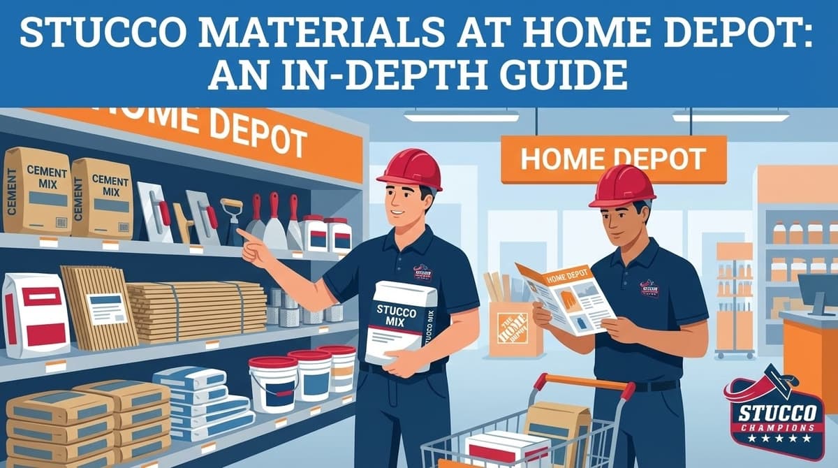 A professional technical infographic from Stucco Champions titled "Stucco Materials at Home Depot: An In-Depth Guide," showing two contractors in red hard hats shopping in a Home Depot aisle for cement mix, stucco mix, metal lath, and application tools.