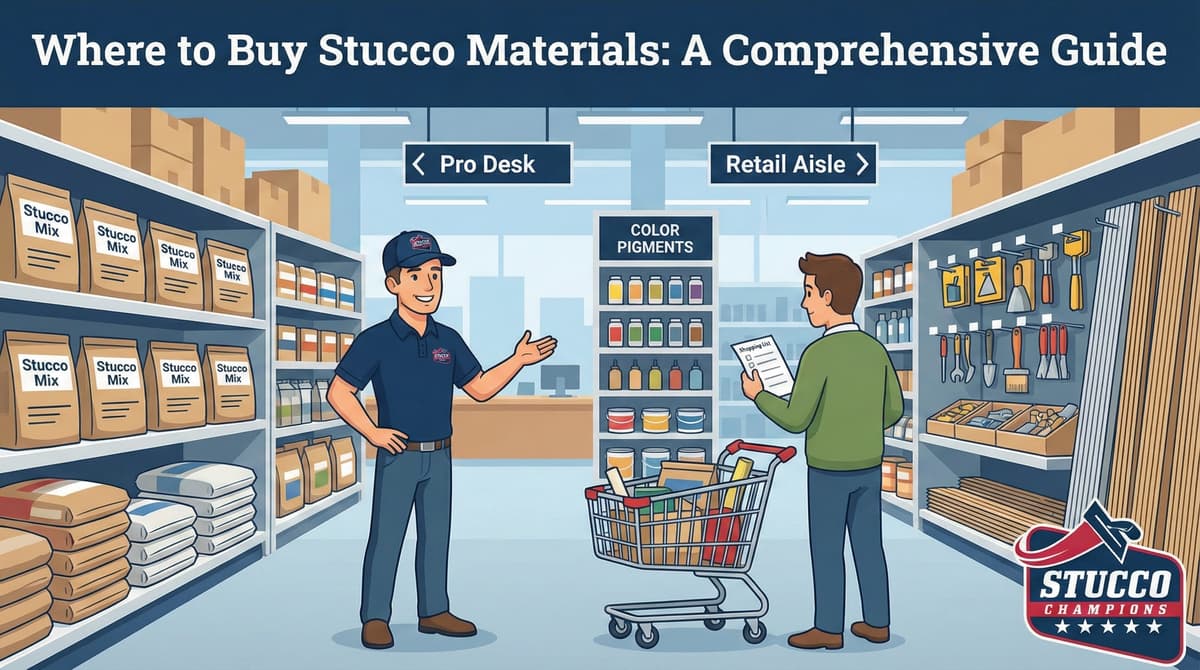 A professional side-by-side technical infographic from Stucco Champions titled "When to Re-Stucco Your Home (And When a Repair Is Enough)," showing a contractor fixing minor hairline cracks on the left and a full crew performing a total re-stucco on a damaged wall with scaffolding on the right.