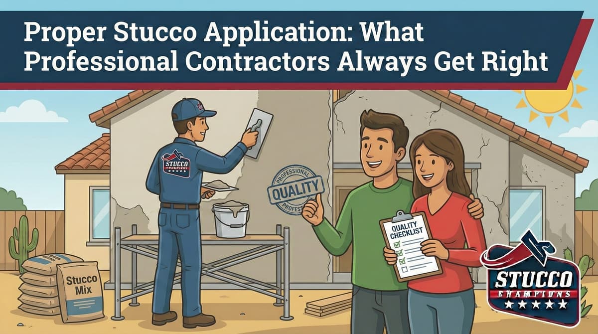 A professional technical infographic from Stucco Champions titled "Proper Stucco Application: What Professional Contractors Always Get Right," showing a contractor on scaffolding applying a smooth finish coat while a couple reviews a "Quality Checklist".