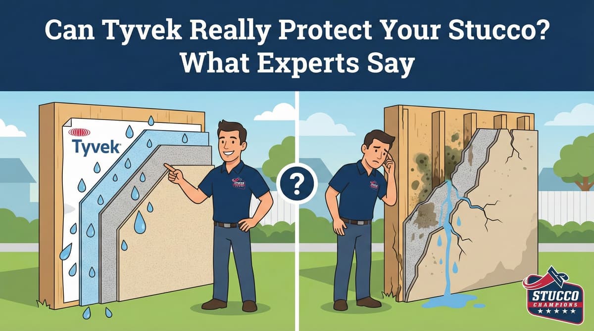 A professional technical infographic from Stucco Champions titled "Can Tyvek Really Protect Your Stucco? What Experts Say," showing two side-by-side illustrations: the left features a contractor pointing to a functioning Tyvek barrier repelling water droplets, while the right shows a worried technician next to a moldy, cracked wall with internal water leakage.