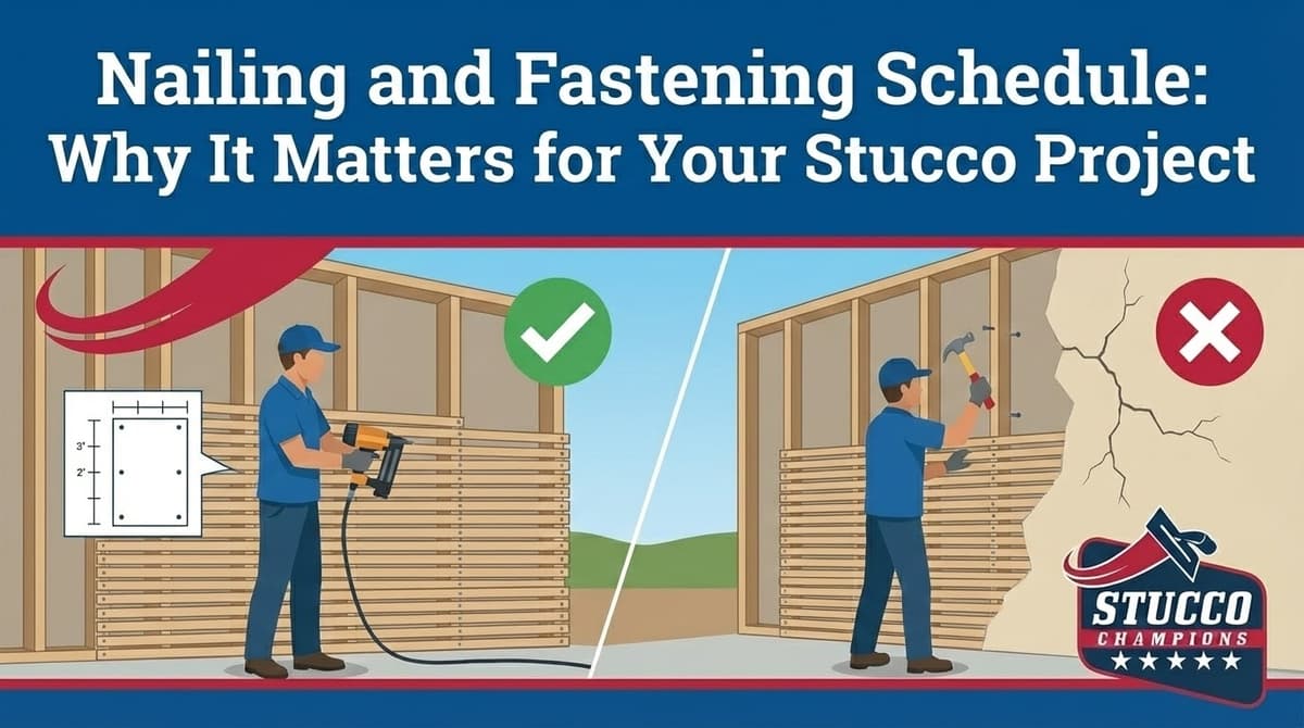 A professional visual guide from Stucco Champions titled "Nailing and Fastening Schedule: Why It Matters for Your Stucco Project," showing a technician correctly using a nail gun on a wood frame versus an incorrect installation with a hammer causing wall cracks.