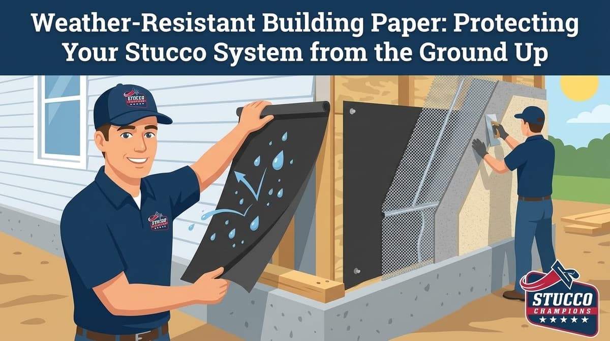A professional technical infographic from Stucco Champions titled "Weather-Resistant Building Paper: Protecting Your Stucco System from the Ground Up," showing a contractor in a branded cap and polo unrolling a black moisture barrier while another technician applies sequential layers of metal lath and plaster to a wood-framed wall.