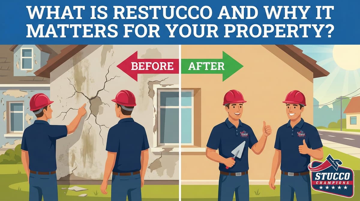 A high-contrast "Before and After" technical infographic from Stucco Champions titled "What is Restucco and Why it Matters for Your Property?" showing a weathered wall with deep cracks being inspected on the left, and a flawless, restored tan exterior with two smiling professionals giving a thumbs-up on the right.