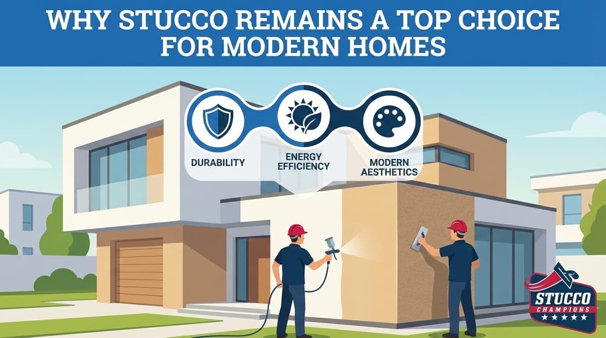 A professional technical infographic from Stucco Champions titled "Why Stucco Remains a Top Choice for Modern Homes," showcasing a contemporary two-story house with two contractors applying finishes and three icons highlighting the core benefits of Durability, Energy Efficiency, and Modern Aesthetics.