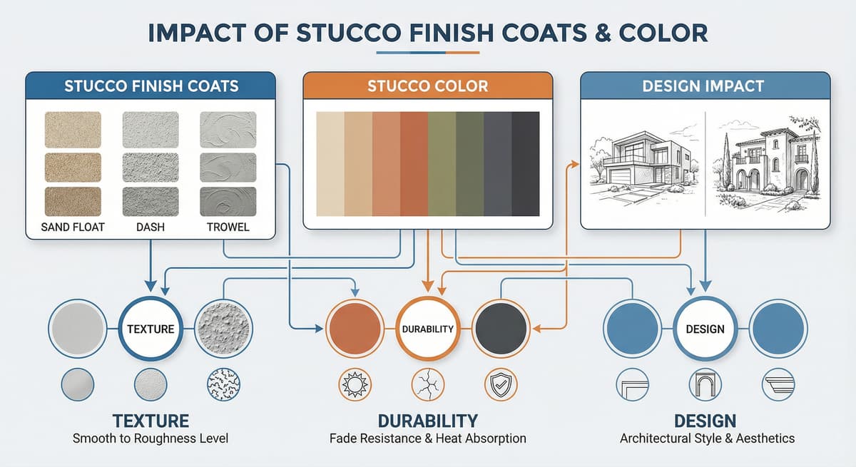 Modern California home exterior with sand-colored stucco, dark wood siding, and large windows. Text overlay reads "ELEVATE YOUR EXTERIOR: MODERN STUCCO TRENDS THAT DEFINE CALIFORNIA HOMES