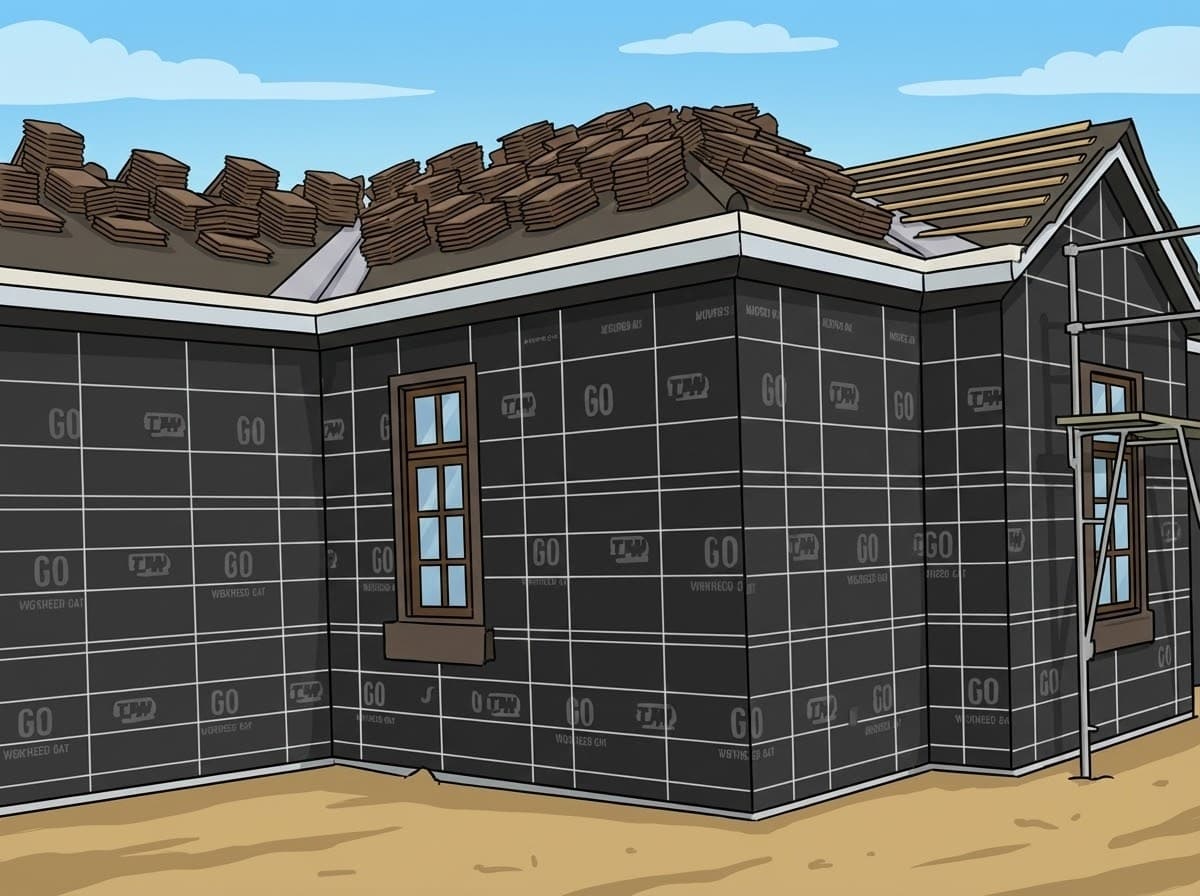 A cartoon illustration of a house under construction, fully wrapped in black weather-resistant building paper and wire lath, ready for stucco application.