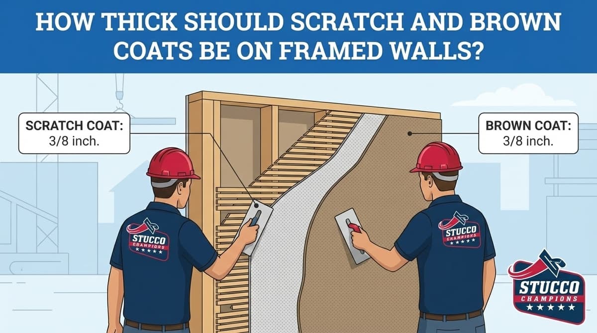 A professional technical infographic from Stucco Champions titled "How Thick Should Scratch and Brown Coats Be on Framed Walls?" showing two contractors in red hard hats applying layers to a wooden framed wall; labels specify a scratch coat thickness of 3/8 inch and a brown coat thickness of 3/8 inch.
